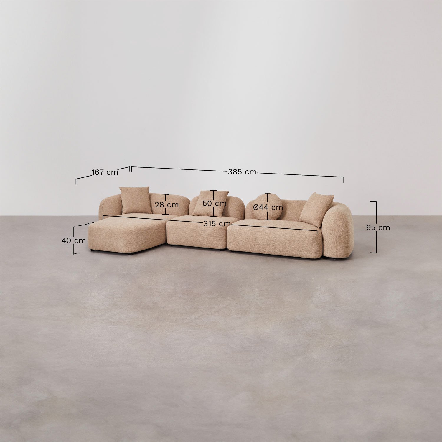 Divano componibile chaise longue sinistra in 3 pezzi in ciniglia Coco, MISURE
