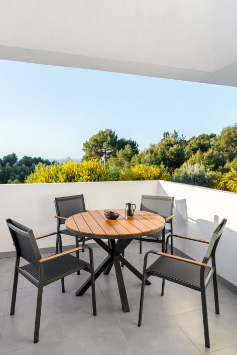 Set da tavolo rotondo Ø100 cm in legno di eucalipto e 4 sedie da giardino impilabili in alluminio Archer