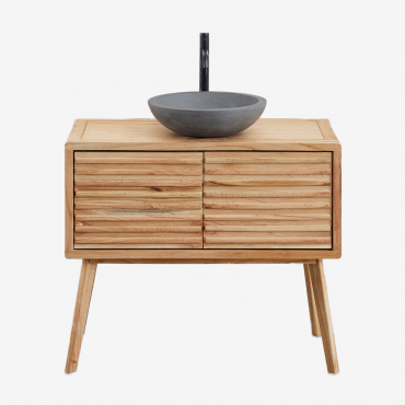 Set Di Mobili Da Bagno In Legno Deleyna Legno Naturale & Cemento Grigio Rotondo Ø40 Cm Tarsis & Senza Specchio & Nero ↑30 Cm Con - Sklum