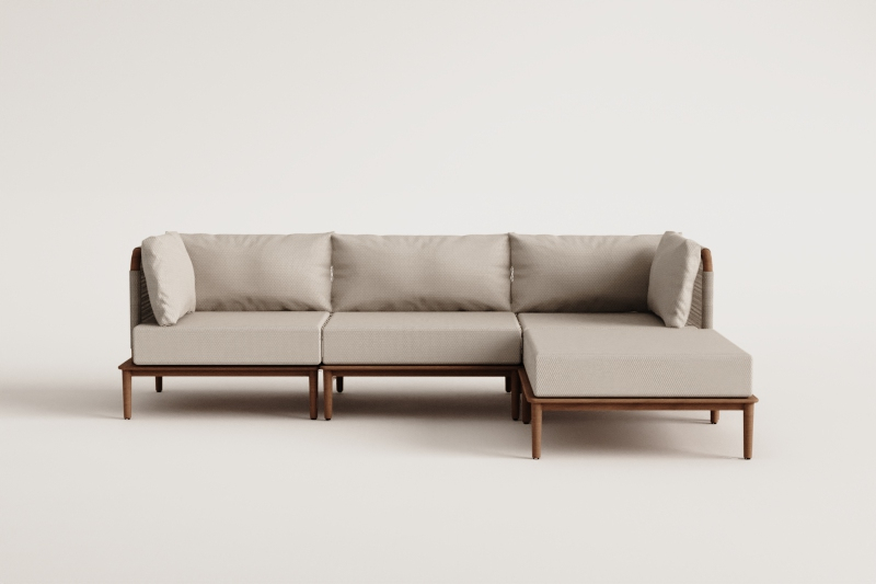 Divano modulare a 3 pezzi con 2 poltrone angolari e pouf in acacia Giulia