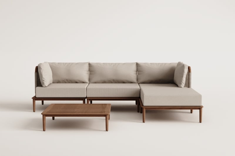 Set da soggiorno composto da un divano modulare a 3 pezzi con due poltrone angolari, un tavolino e un pouf in acacia Giulia.    