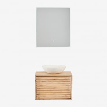 Set Di Mobili Da Bagno Sospesi In Legno Deleyna Legno Naturale & Cemento Rotondo Bianco Ø40 Cm Zavion & Rettangolare A Led E Antiappannamento - Sklum