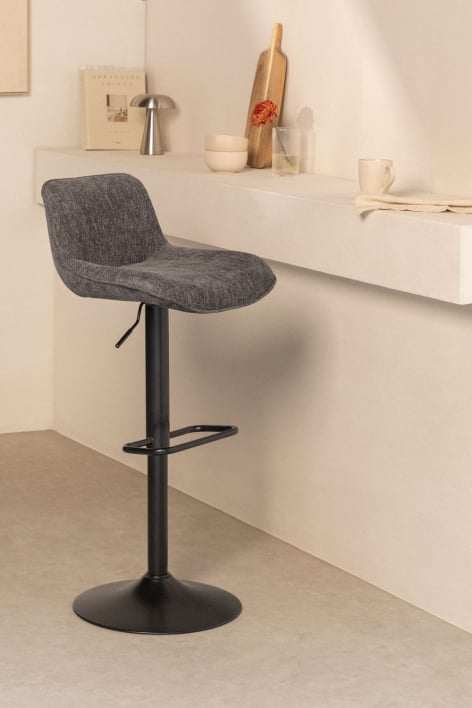 Sgabello alto regolabile con schienale in tessuto beige tapioca e gamba bianca Igarasi