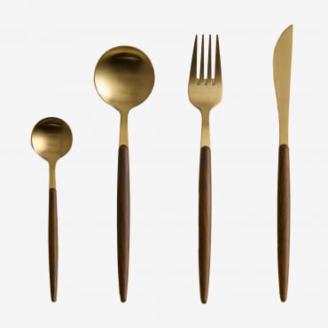 Set Di Posate In Acciaio Inox Con Manico Effetto Legno Da 16 Pezzi Monovar Dorato - Sklum