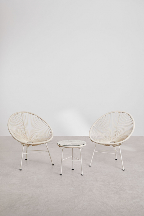 Set da salotto con 2 poltrone e tavolino in acciaio e vimini sintetico New Acapulco - Tapioca Beige