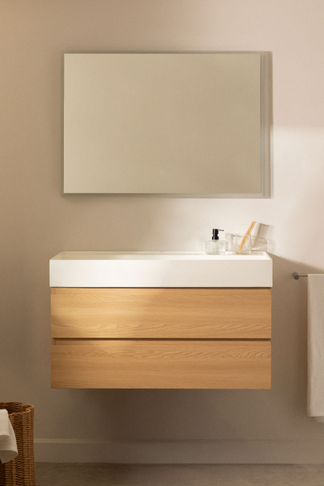 Set di mobili da bagno sospesi in legno e impiallacciatura di frassino con lavabo integrato Ona - Legno Naturale
