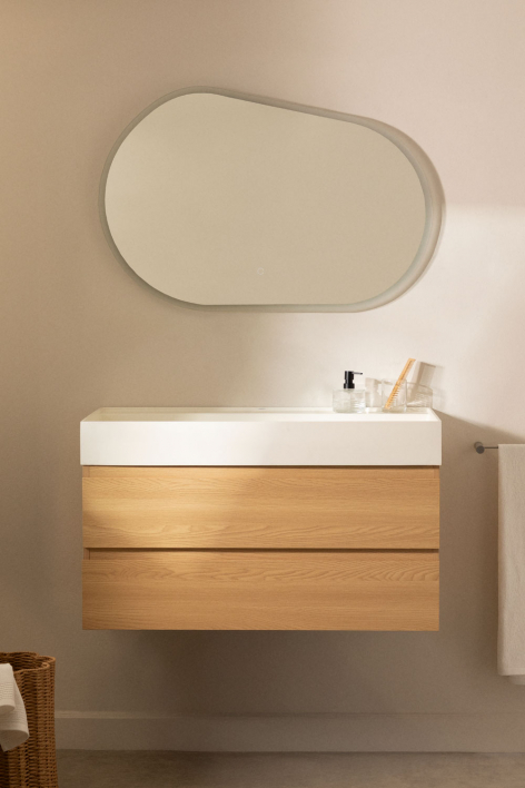 Set di mobili da bagno sospesi in legno e impiallacciatura di frassino con lavabo integrato Ona - Legno Naturale