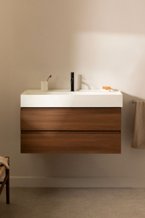 Set di mobili da bagno sospesi in legno e impiallacciatura di frassino con lavabo integrato Ona - Legno Scuro