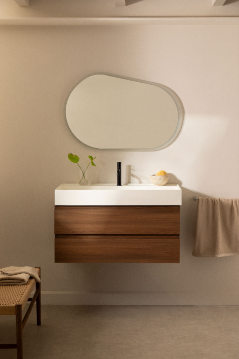 Set di mobili da bagno sospesi in legno e impiallacciatura di frassino con lavabo integrato Ona - Legno Scuro