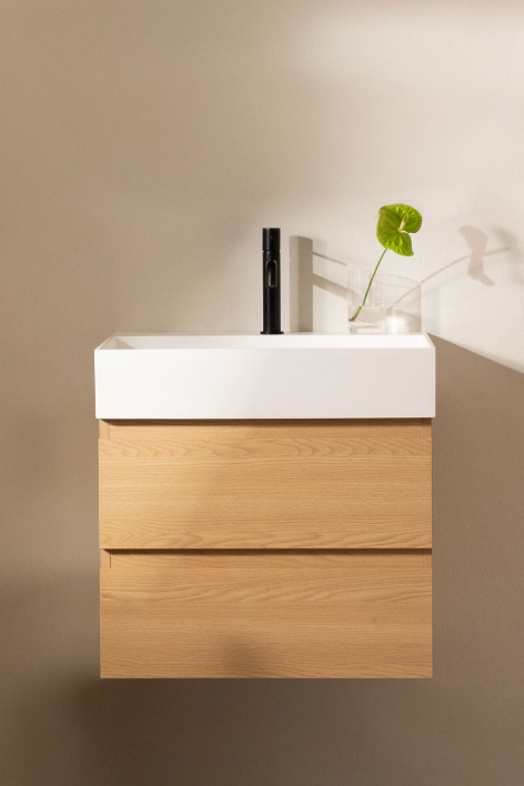 Set di mobili da bagno sospesi in legno e impiallacciatura di frassino con lavabo integrato Ona - Legno Naturale