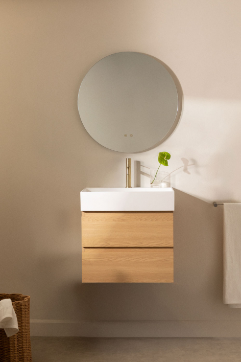 Set di mobili da bagno sospesi in legno e impiallacciatura di frassino con lavabo integrato Ona - Legno Naturale