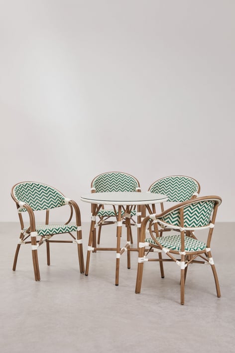 Set da tavolo rotondo Brielle Bistro, Ø80 cm, e 4 sedie da pranzo impilabili in alluminio con braccioli. - Verde Felce - Gardenia Bianco