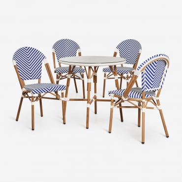 Set Da Tavolo Rotondo Ø80 Cm E 4 Sedie Da Pranzo Impilabili In Alluminio E Rattan Sintetico Brielle Bistro Ken Blue - Gardenia Bianco - Sklum