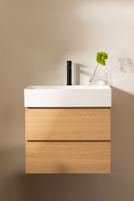 Set di mobili da bagno sospesi in legno e impiallacciatura di frassino con lavabo integrato Ona - Legno Naturale