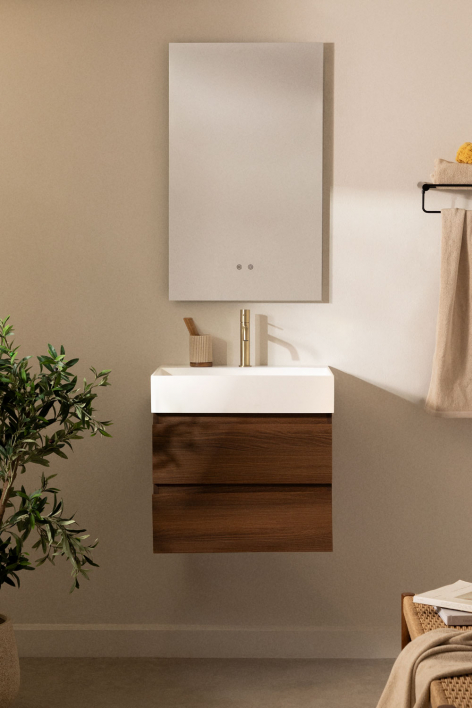 Set di mobili da bagno sospesi in legno e impiallacciatura di frassino con lavabo integrato Ona - Legno Scuro