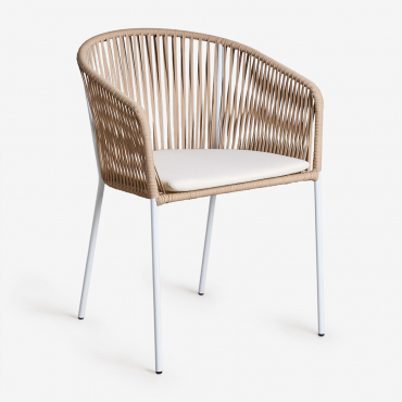 Confezione Da 4 Sedie Da Giardino Impilabili Con Braccioli In Ferro E Corda Intrecciata Jocelyn Naturale - Bianco - Sklum
