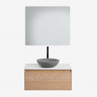 Set Di Mobili Da Bagno In Legno Di Frassino Tedrik Marrone Frassino & Cemento Grigio Rotondo Ø40 Cm Tarsis & Rettangolare A Led E - Sklum