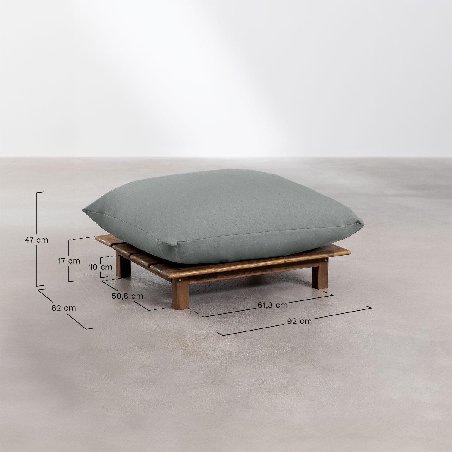 Set soggiorno con divano modulare reclinabile a 4 pezzi, tavolino da caffè e pouf in legno di acacia Brina, MISURE