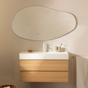 Set Di Mobili Da Bagno In Legno E Impiallacciatura Di Frassino Con Lavabo Integrato Ona Legno Naturale & Ovale Led E Antifog 140x75 Cm Jynox & - Sklum