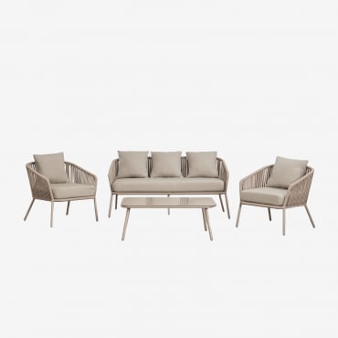 Set Da Giardino Con Divano 2 Posti, 2 Poltrone E Tavolini In Alluminio E Corda Intrecciata Arhiza Marrone Moka - Sklum