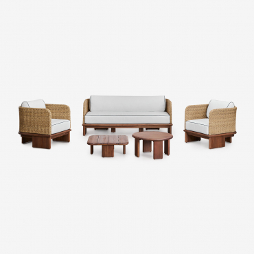Set Da Giardino Con Divano 3 Posti, 2 Poltrone E 2 Tavolini In Rattan E Legno Di Acacia Famara Acacia Marrone - Sklum