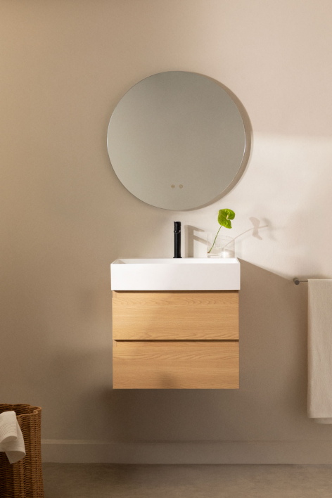Set di mobili da bagno sospesi in legno e impiallacciatura di frassino con lavabo integrato Ona - Legno Naturale
