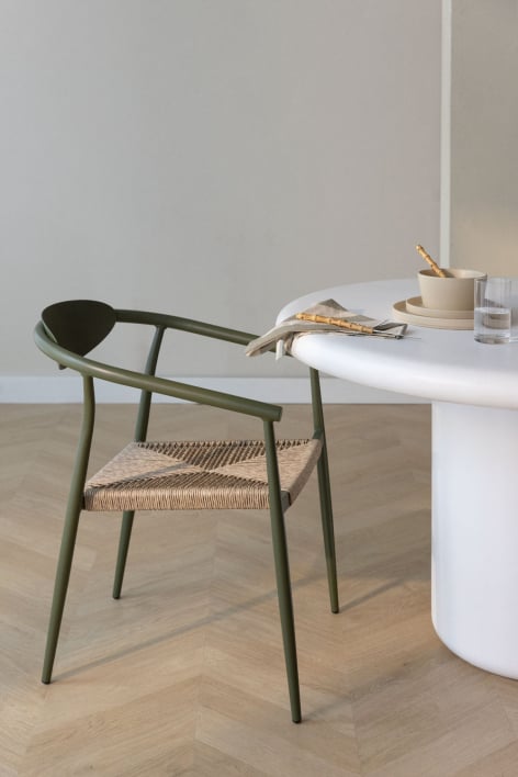 Sedia da pranzo impilabile con braccioli in alluminio e rattan sintetico Marsha - Verde Olivastro Intenso