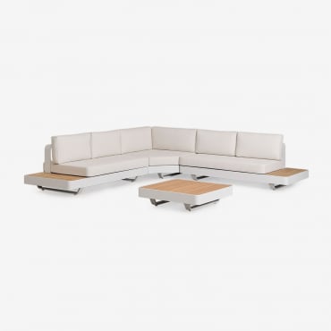 Set Soggiorno Con Divano Angolare 5 Posti E Tavolino In Alluminio E Legno Di Teak Yarilo Bouclé Colori Naturali - Sklum