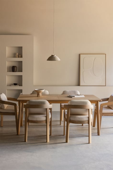 Set tavolo rettangolare 180x90 cm in legno di acacia Kaela e 6 sedie da pranzo in legno di acacia Uleno