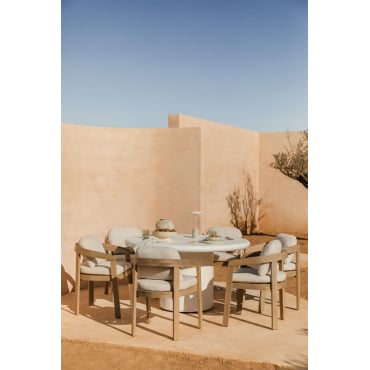 Set Tavolo Rotondo Ø140 Cm In Cemento Namara E 6 Sedie Da Giardino In Legno Di Acacia Uleno Bianco - Sklum