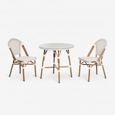 Set Tavolo Rotondo Ø80 Cm E 2 Sedie Da Giardino Impilabili In Textilene E Alluminio Brielle Bistro Gardenia Bianco - Sklum