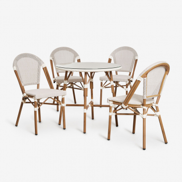 Brielle Bistro Set Tavolo Rotondo Ø80 Cm E 4 Sedie Da Giardino Impilabili In Textilene E Alluminio Gardenia Bianco - Sklum