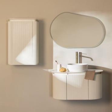 Set Di Mobili Da Bagno Sospesi In Legno Carsone Bianco & Bianco & Ceramica Rotonda Bianca Ø40 Cm Lenka & Ovale Led E Antiappannamento 100x80 Cm -
