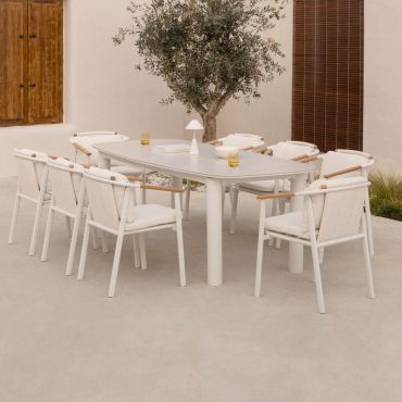 Set Tavolo Rettangolare Allungabile 220-280x100 Cm In Ceramica Zinti E 8 Sedie Da Giardino In Alluminio E Tessuto Bouclé Yervin Beige Crema - Sklum