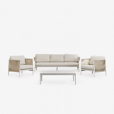Set Soggiorno Con Divano 3 Posti, Tavolino Rettangolare 120x70 Cm E 2 Poltrone In Alluminio Sereilen Bouclé Colori Naturali - Sklum