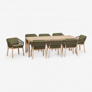 Set Tavolo Rettangolare 220x100 Cm E 8 Sedie Da Giardino In Legno Di Acacia E Corda Intrecciata Karvia Bouclé Verde Salvia - Sklum