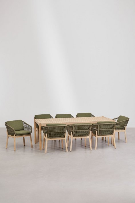 Set da tavolo rettangolare 220x100 cm e 8 sedie da pranzo in legno di acacia e corda intrecciata Karvia