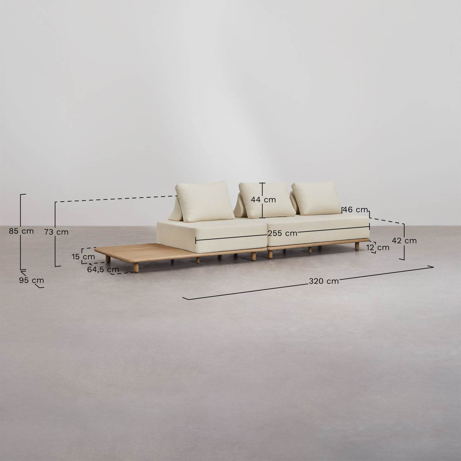 Divano modulare chaise longue a 2 pezzi con tavolino laterale in acacia Portet, MISURE