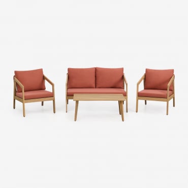 Set Soggiorno Con Divano 2 Posti, 2 Poltrone E Tavolino In Legno Di Acacia E Corda Intrecciata Kaela Tetto Rosso & Acacia Marrone - Sklum