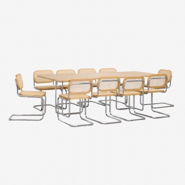 Set Tavolo Rettangolare 240x100 Cm In Mdf E Acciaio Inox E 10 Sedie Da Pranzo Tento In Rattan Impiallacciatura Di Frassino - Sklum
