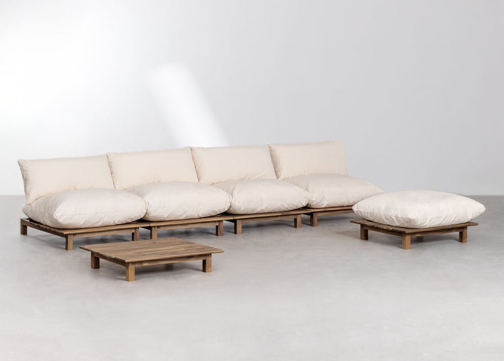 Set da giardino con divano modulare reclinabile a 4 pezzi, tavolino e pouf in legno di acacia Brina - Beige Crema