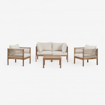 Set Soggiorno Con Divano Componibile 2 Pezzi Con Braccioli, 2 Poltrone E Tavolino In Legno Di Acacia Branson Acacia Marrone - Sklum