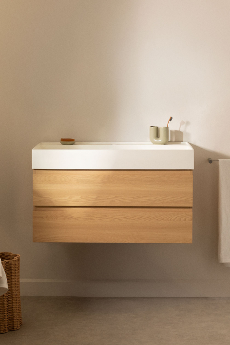 Set di mobili da bagno sospesi in legno e impiallacciatura di frassino con lavabo integrato Ona - Legno Naturale