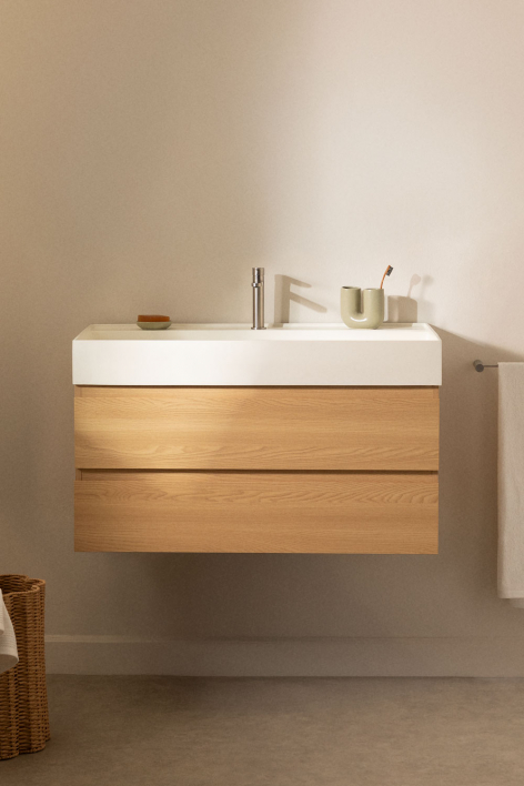 Set di mobili da bagno sospesi in legno e impiallacciatura di frassino con lavabo integrato Ona - Legno Naturale