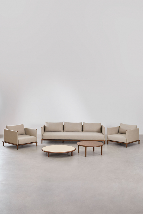 Set da soggiorno con divano a 3 posti, 2 poltrone e 2 tavolini rotondi in legno di acacia Olivia - Beige Semoline - Marrone acacia scuro