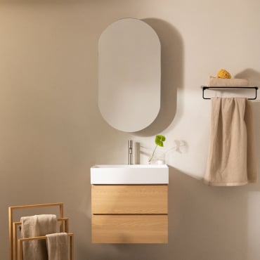 Set Di Mobili Da Bagno In Legno E Impiallacciatura Di Frassino Con Lavabo Integrato Ona Legno Naturale & Ovale Con Contenitore Nero 50x90 Cm Oricsa &