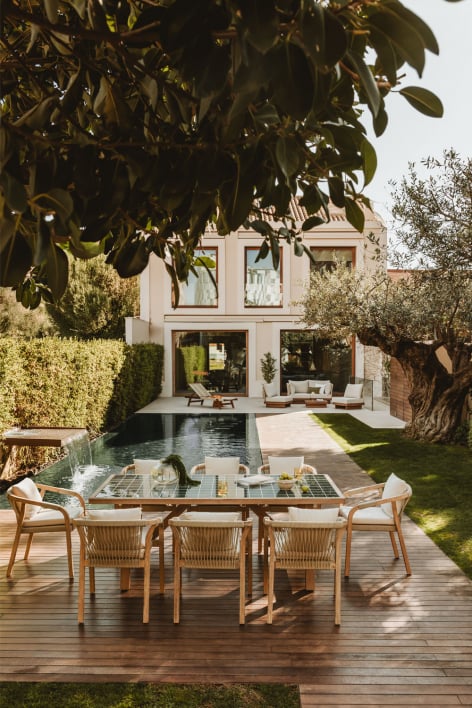 Set da tavolo rettangolare 200x100 cm in stile piastrella e 8 sedie da giardino in legno di acacia e cemento Dubai - Verde Scuro