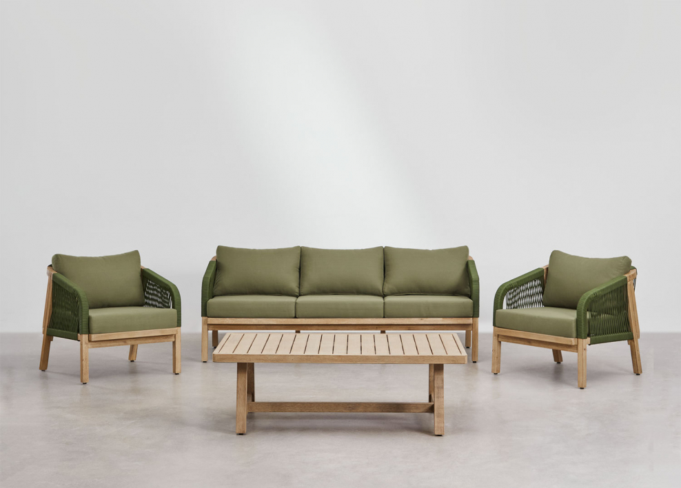 Set da soggiorno con divano a 3 posti, 2 poltrone e tavolino in legno di acacia Dubai - Verde Militare Chiaro
