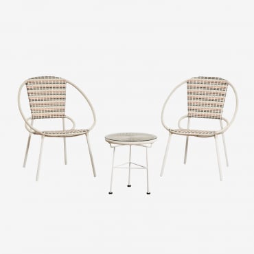 Set Da Giardino Con 2 Poltrone Impilabili E Tavolino In Acciaio E Vimini Sintetico Maryland Tapioca Beige - Sklum