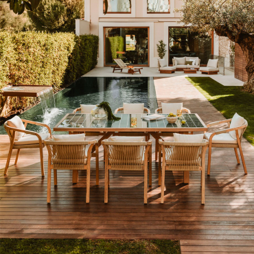 Set Tavolo Rettangolare 200x100 Cm E 8 Sedie Da Giardino Con Braccioli In Legno Di Acacia E Cemento Dubai Verde Scuro & Acacia Rustica Marrone - Sklum